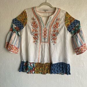 John Mark White Blouse with Orange and Silver Accents